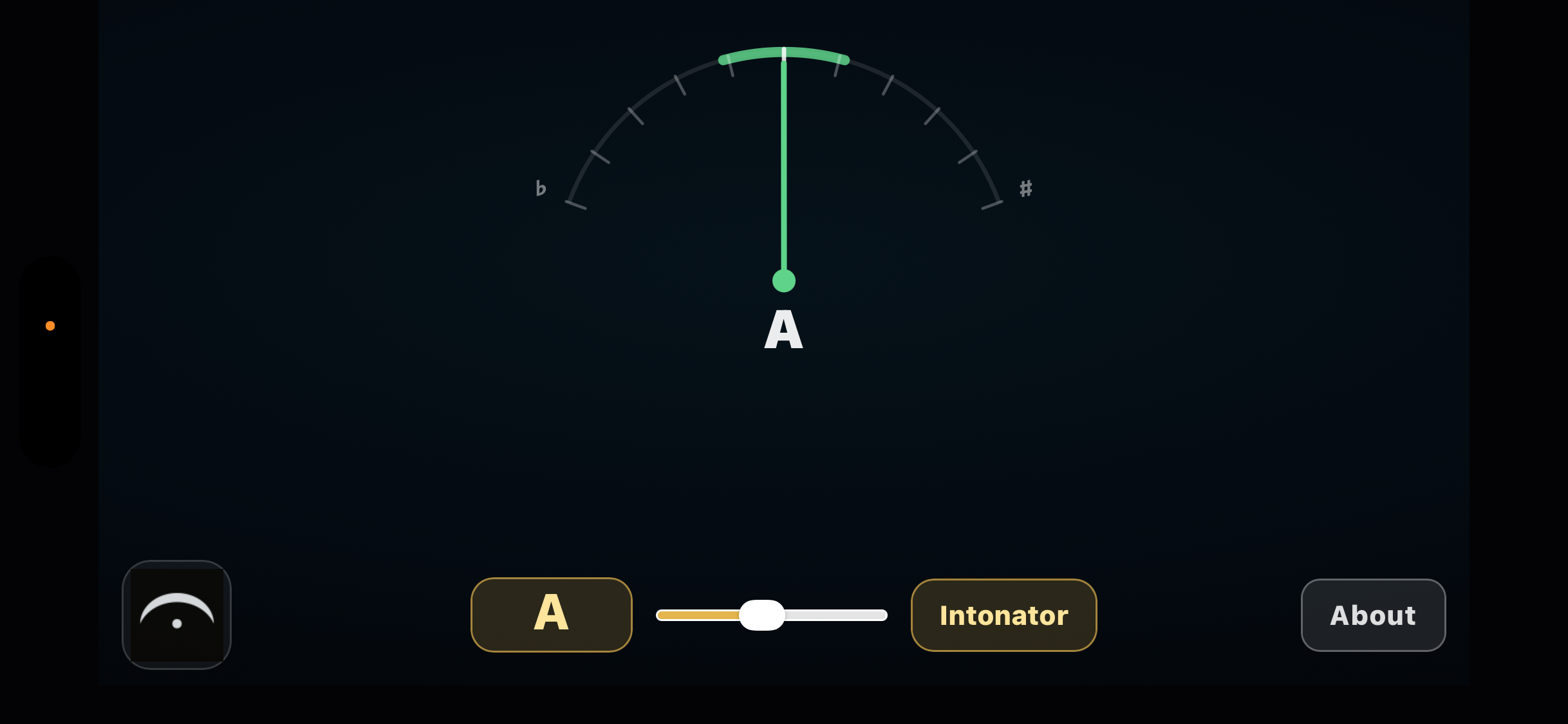The built-in tuner showing an A note dead center, in tune